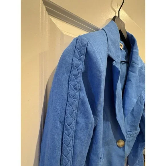 Jason Wu Blazer Cropped Shoulder Pads Linen Cobalt Blue Braided Sm Jacket - Picture 10 of 11
